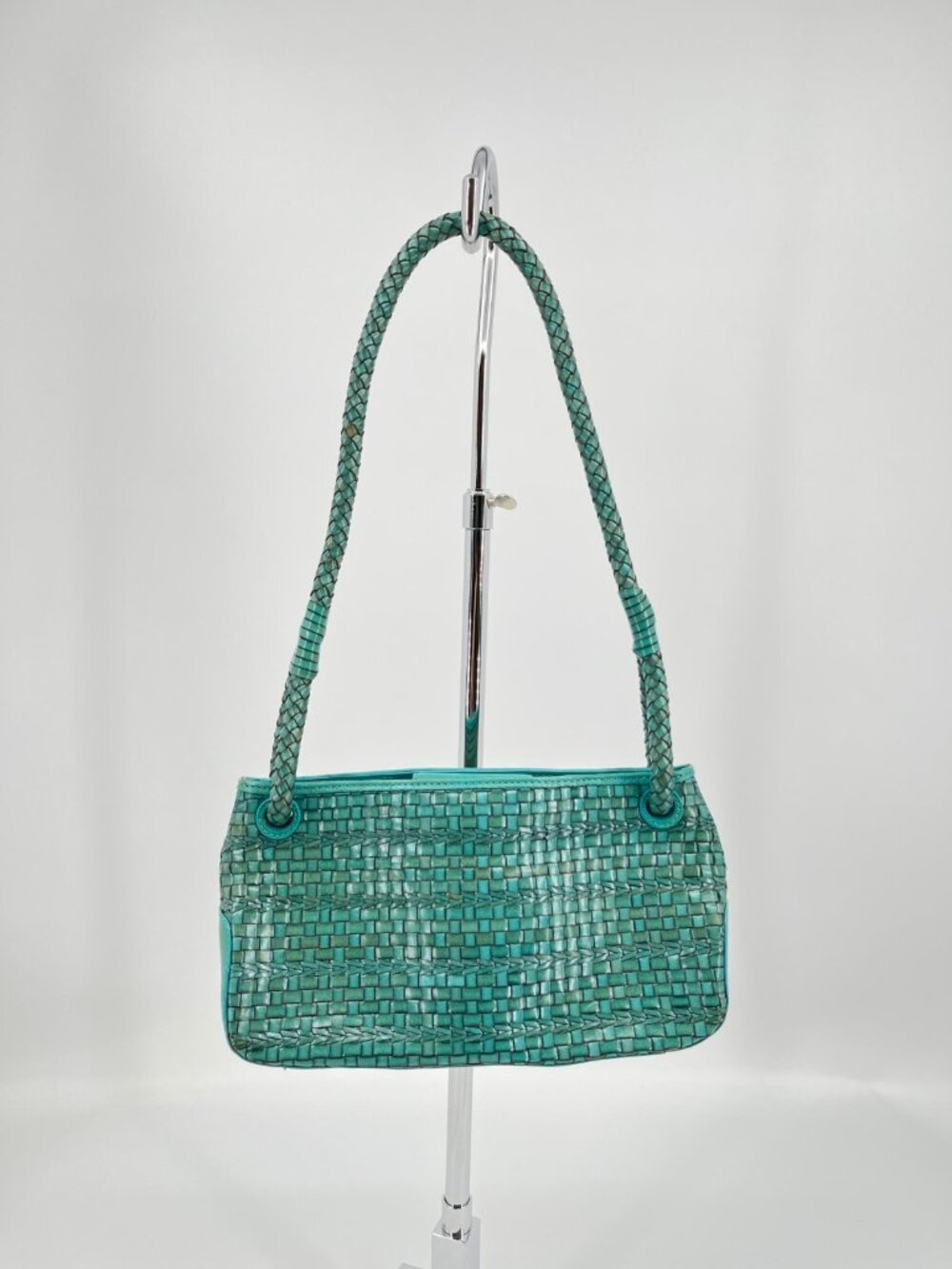 Vintage Fossil Baguette Shoulder Bag Teal Woven Leather Braided Strap Zip Top